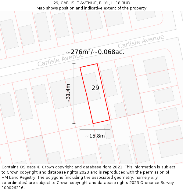 29, CARLISLE AVENUE, RHYL, LL18 3UD: Plot and title map