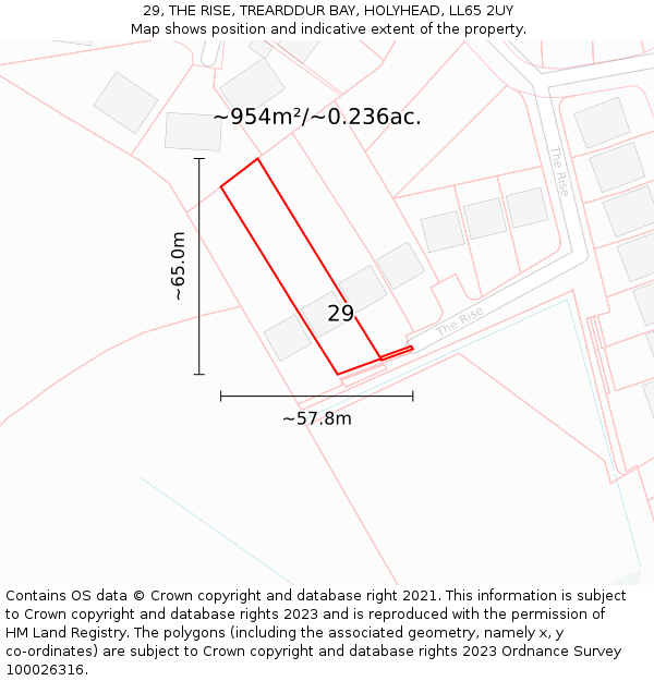 29, THE RISE, TREARDDUR BAY, HOLYHEAD, LL65 2UY: Plot and title map