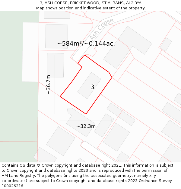 3, ASH COPSE, BRICKET WOOD, ST ALBANS, AL2 3YA: Plot and title map