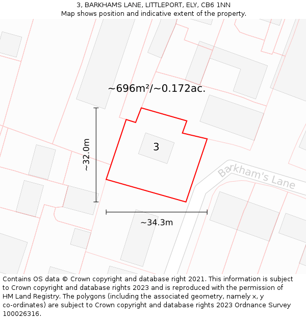 3, BARKHAMS LANE, LITTLEPORT, ELY, CB6 1NN: Plot and title map