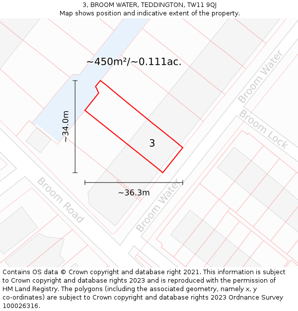 3, BROOM WATER, TEDDINGTON, TW11 9QJ: Plot and title map
