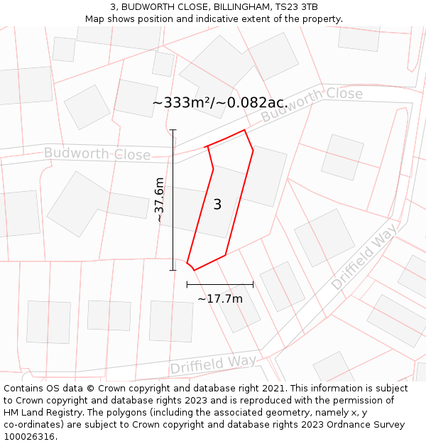 3, BUDWORTH CLOSE, BILLINGHAM, TS23 3TB: Plot and title map