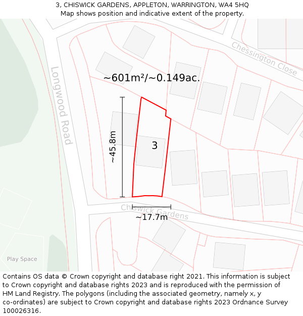 3, CHISWICK GARDENS, APPLETON, WARRINGTON, WA4 5HQ: Plot and title map