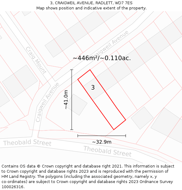 3, CRAIGWEIL AVENUE, RADLETT, WD7 7ES: Plot and title map