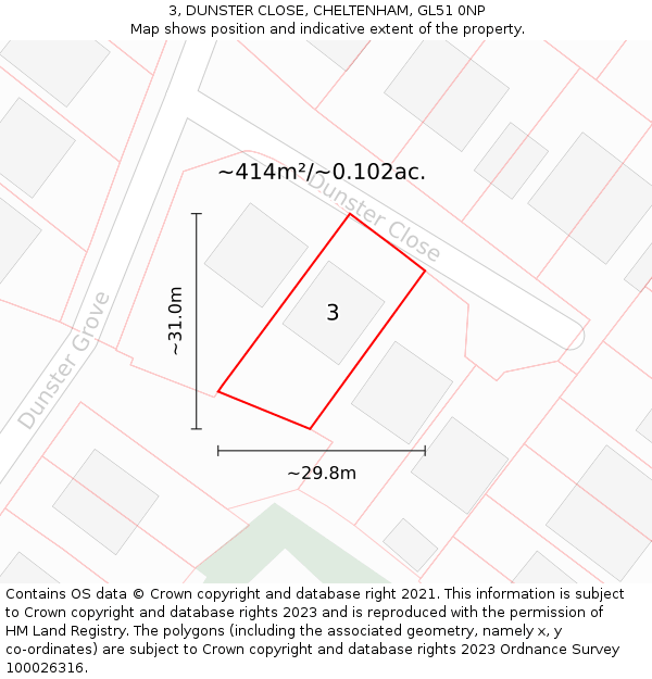 3, DUNSTER CLOSE, CHELTENHAM, GL51 0NP: Plot and title map