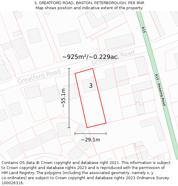 3, GREATFORD ROAD, BASTON, PETERBOROUGH, PE6 9NR: Plot and title map