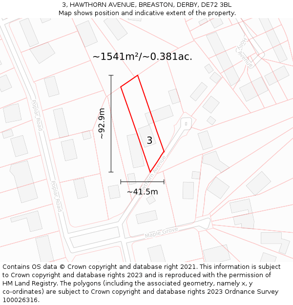 3, HAWTHORN AVENUE, BREASTON, DERBY, DE72 3BL: Plot and title map