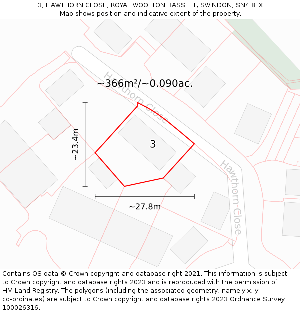 3, HAWTHORN CLOSE, ROYAL WOOTTON BASSETT, SWINDON, SN4 8FX: Plot and title map