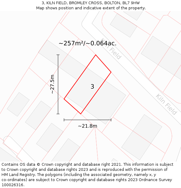 3, KILN FIELD, BROMLEY CROSS, BOLTON, BL7 9HW: Plot and title map