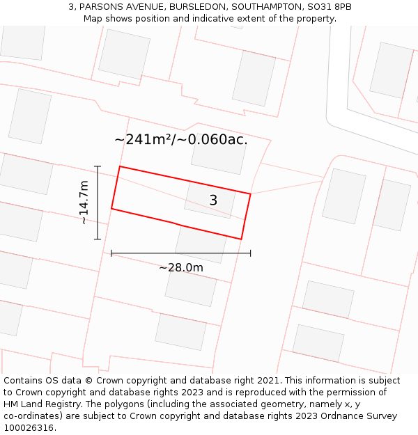 3, PARSONS AVENUE, BURSLEDON, SOUTHAMPTON, SO31 8PB: Plot and title map