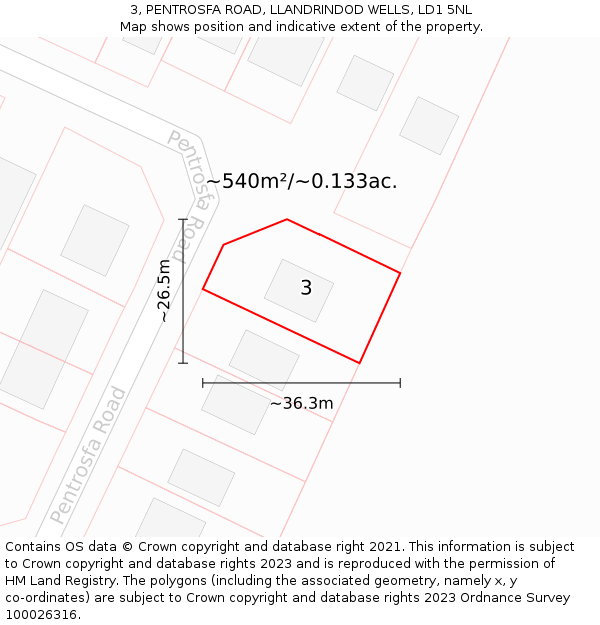 3, PENTROSFA ROAD, LLANDRINDOD WELLS, LD1 5NL: Plot and title map