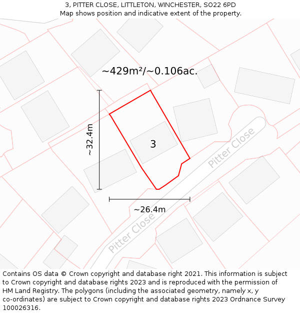 3, PITTER CLOSE, LITTLETON, WINCHESTER, SO22 6PD: Plot and title map