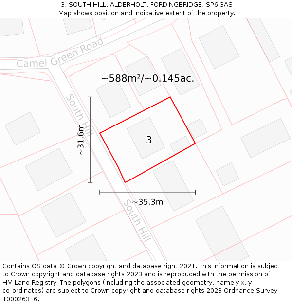 3, SOUTH HILL, ALDERHOLT, FORDINGBRIDGE, SP6 3AS: Plot and title map