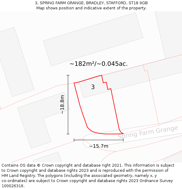 3, SPRING FARM GRANGE, BRADLEY, STAFFORD, ST18 9GB: Plot and title map