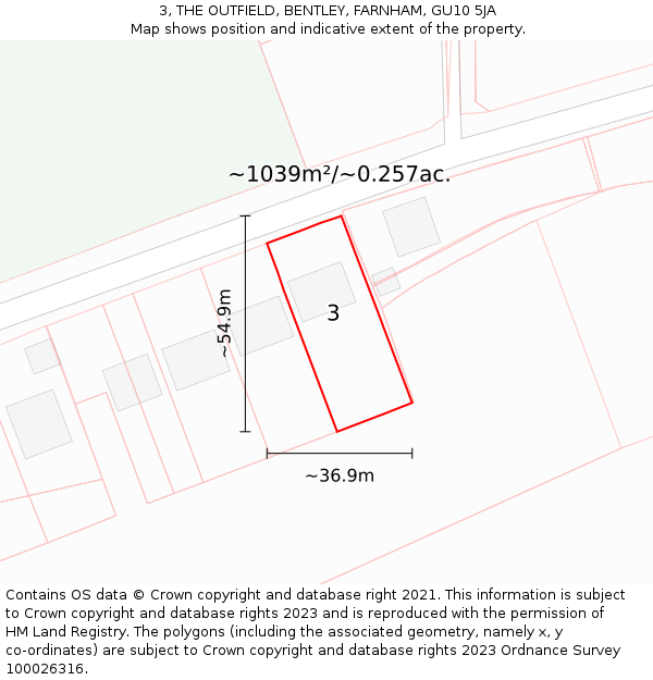 3, THE OUTFIELD, BENTLEY, FARNHAM, GU10 5JA: Plot and title map