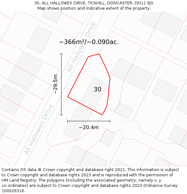 30, ALL HALLOWES DRIVE, TICKHILL, DONCASTER, DN11 9JS: Plot and title map