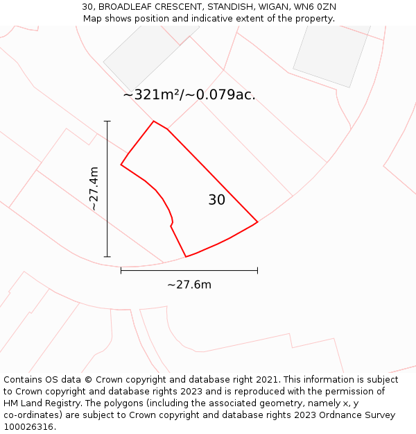 30, BROADLEAF CRESCENT, STANDISH, WIGAN, WN6 0ZN: Plot and title map