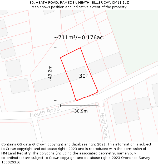 30, HEATH ROAD, RAMSDEN HEATH, BILLERICAY, CM11 1LZ: Plot and title map