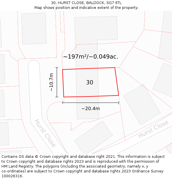 30, HURST CLOSE, BALDOCK, SG7 6TL: Plot and title map