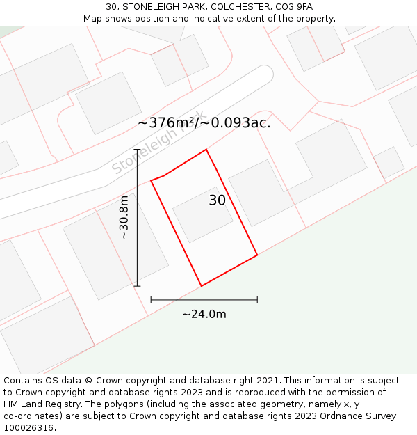 30, STONELEIGH PARK, COLCHESTER, CO3 9FA: Plot and title map