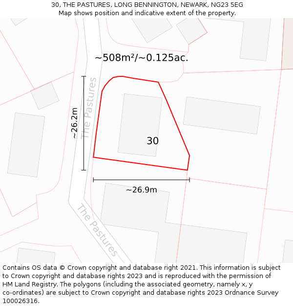 30, THE PASTURES, LONG BENNINGTON, NEWARK, NG23 5EG: Plot and title map