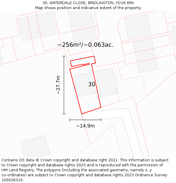 30, WATERDALE CLOSE, BRIDLINGTON, YO16 6RX: Plot and title map