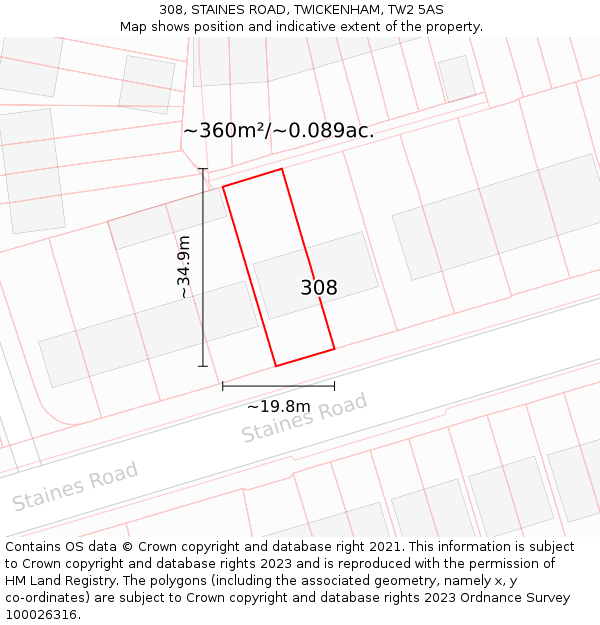 308, STAINES ROAD, TWICKENHAM, TW2 5AS: Plot and title map