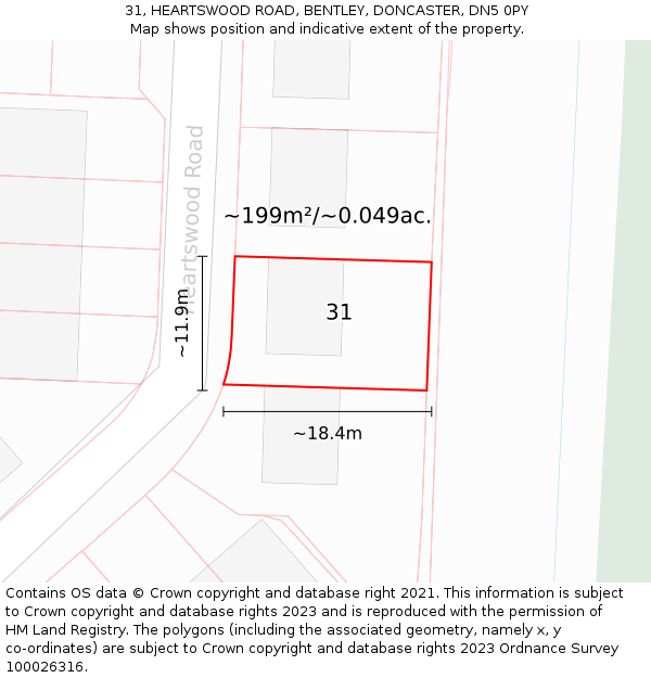 31, HEARTSWOOD ROAD, BENTLEY, DONCASTER, DN5 0PY: Plot and title map