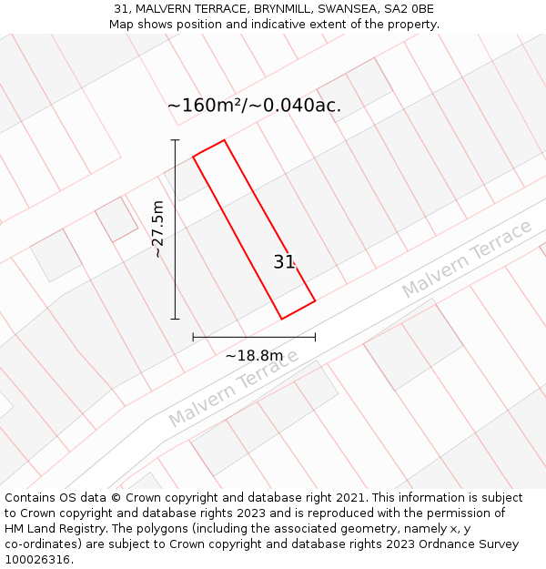 31, MALVERN TERRACE, BRYNMILL, SWANSEA, SA2 0BE: Plot and title map