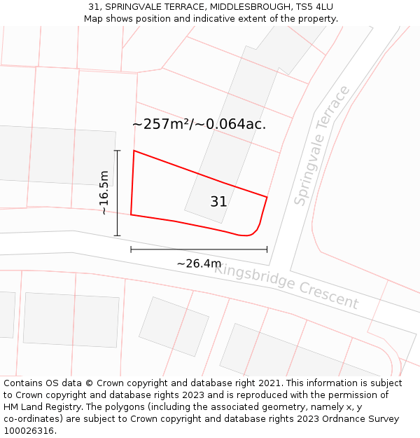 31, SPRINGVALE TERRACE, MIDDLESBROUGH, TS5 4LU: Plot and title map