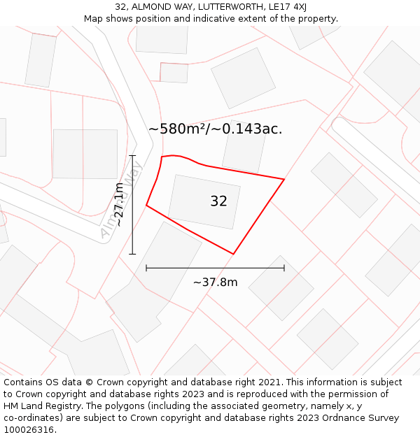 32, ALMOND WAY, LUTTERWORTH, LE17 4XJ: Plot and title map