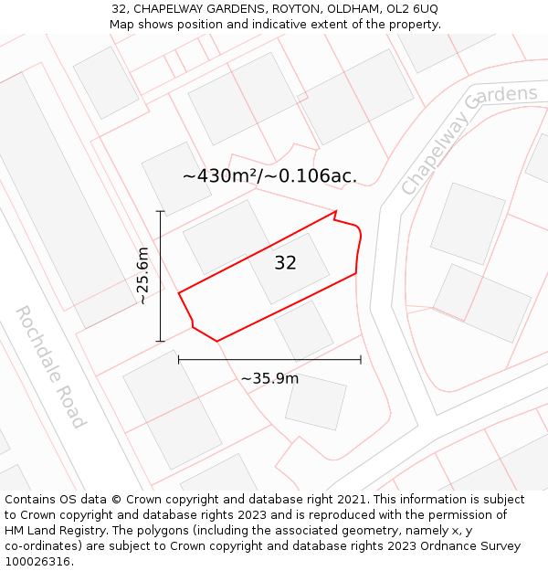 32, CHAPELWAY GARDENS, ROYTON, OLDHAM, OL2 6UQ: Plot and title map