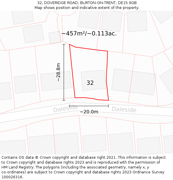 32, DOVERIDGE ROAD, BURTON-ON-TRENT, DE15 9GB: Plot and title map