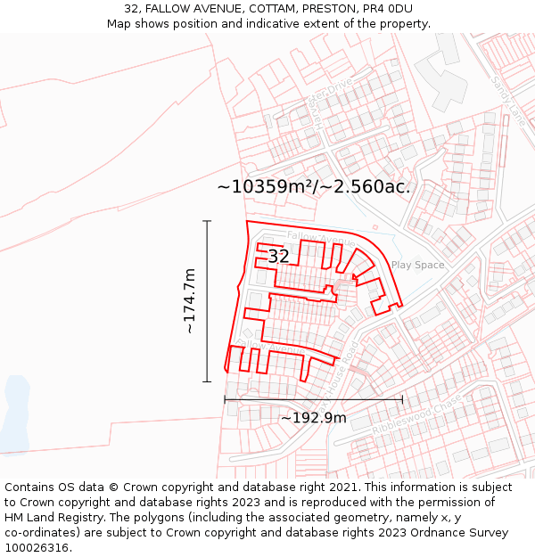 32, FALLOW AVENUE, COTTAM, PRESTON, PR4 0DU: Plot and title map