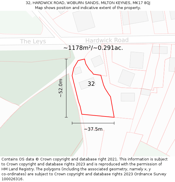 32, HARDWICK ROAD, WOBURN SANDS, MILTON KEYNES, MK17 8QJ: Plot and title map