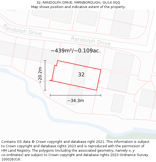 32, RANDOLPH DRIVE, FARNBOROUGH, GU14 0QQ: Plot and title map