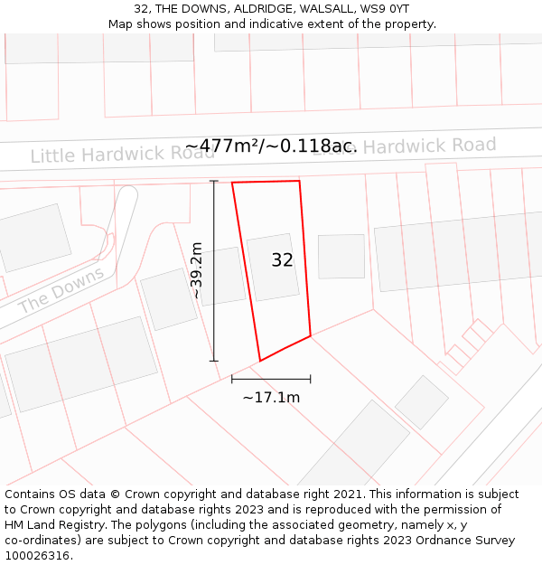 32, THE DOWNS, ALDRIDGE, WALSALL, WS9 0YT: Plot and title map