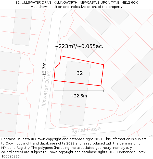 32, ULLSWATER DRIVE, KILLINGWORTH, NEWCASTLE UPON TYNE, NE12 6GX: Plot and title map