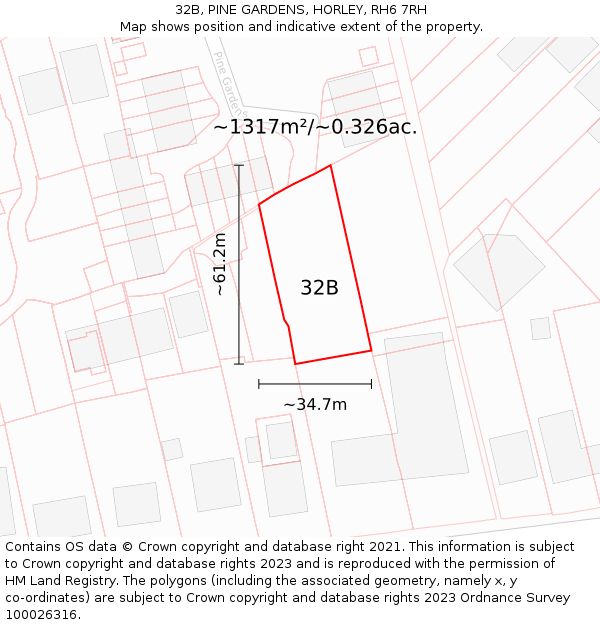 32B, PINE GARDENS, HORLEY, RH6 7RH: Plot and title map