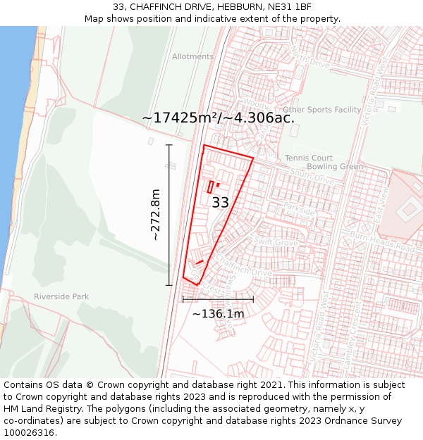 33, CHAFFINCH DRIVE, HEBBURN, NE31 1BF: Plot and title map