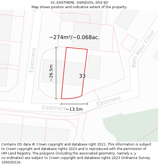 33, EASTMERE, SWINDON, SN3 6JY: Plot and title map