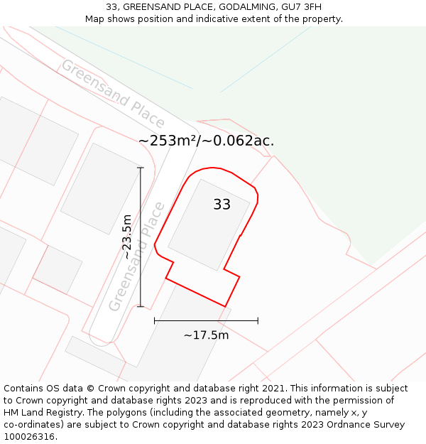 33, GREENSAND PLACE, GODALMING, GU7 3FH: Plot and title map