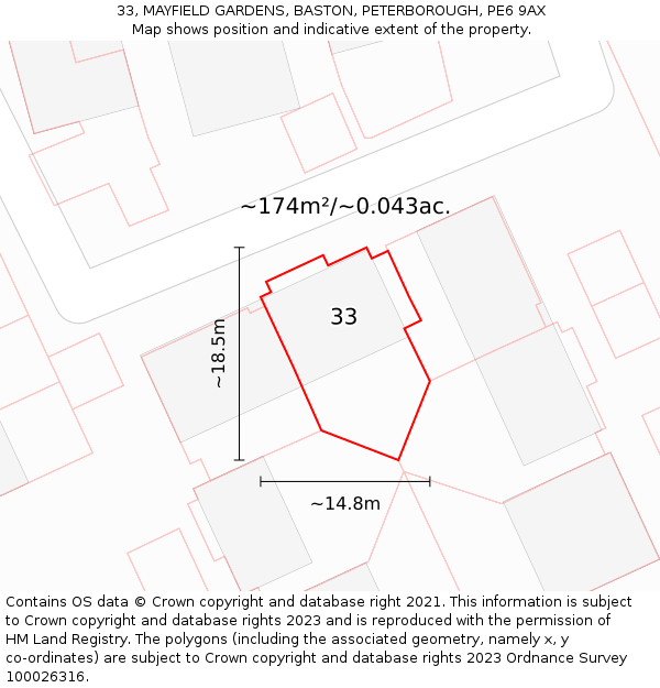 33, MAYFIELD GARDENS, BASTON, PETERBOROUGH, PE6 9AX: Plot and title map