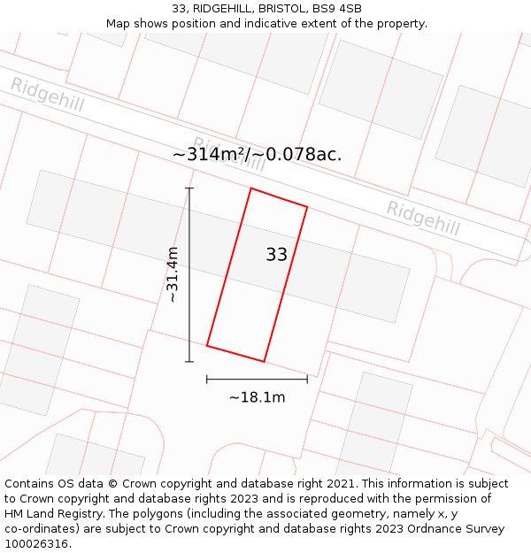 33, RIDGEHILL, BRISTOL, BS9 4SB: Plot and title map