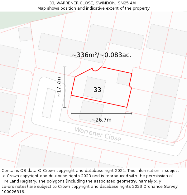 33, WARRENER CLOSE, SWINDON, SN25 4AH: Plot and title map