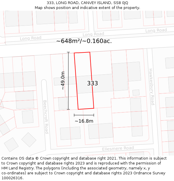 333, LONG ROAD, CANVEY ISLAND, SS8 0JQ: Plot and title map