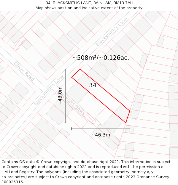 34, BLACKSMITHS LANE, RAINHAM, RM13 7AH: Plot and title map