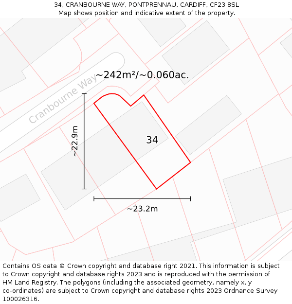 34, CRANBOURNE WAY, PONTPRENNAU, CARDIFF, CF23 8SL: Plot and title map