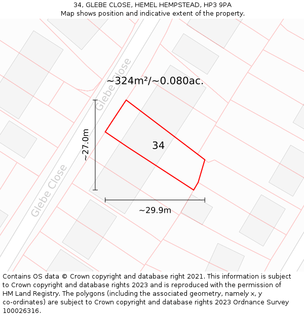 34, GLEBE CLOSE, HEMEL HEMPSTEAD, HP3 9PA: Plot and title map