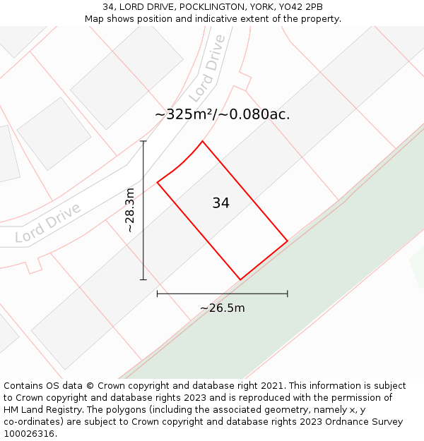 34, LORD DRIVE, POCKLINGTON, YORK, YO42 2PB: Plot and title map